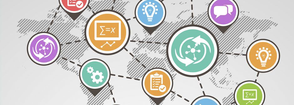 Iconos coloridos con símbolos de tecnología, ciencia e innovación conectados en un mapa de fondo gris.