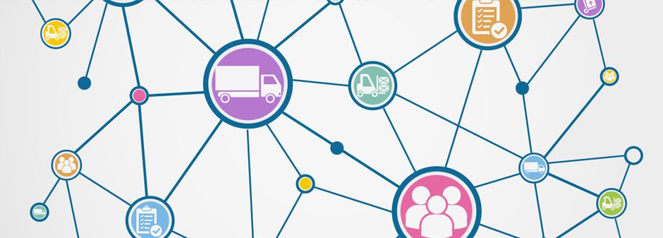 Red de iconos conectados por líneas que representan logística, transporte y gestión de recursos.