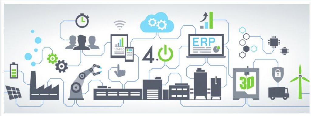 Ilustración que representa conceptos de industria 4.0, como robótica, energías renovables y tecnología digital.