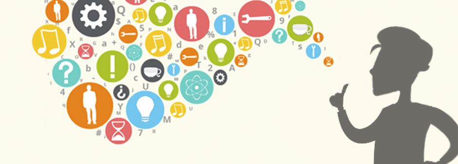 Silueta de una persona pensativa con iconos coloridos de diversas categorías, como música y tecnología, formando un globo de diálogo.