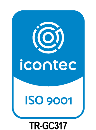Logotipo de Icontec con la certificación ISO 9001 en un fondo azul.