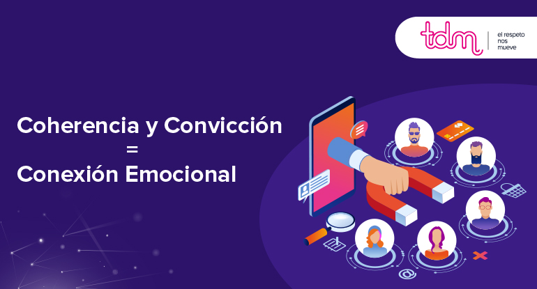 Texto que dice "Coherencia y Convicción = Conexión Emocional" con un imán atrayendo iconos de personas.