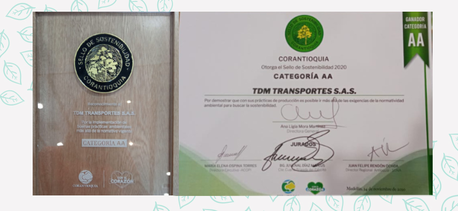 Premio Sello de Sostenibilidad 2020 para TDM Transportes S.A.S., Categoría AA, con firmas de jurados.