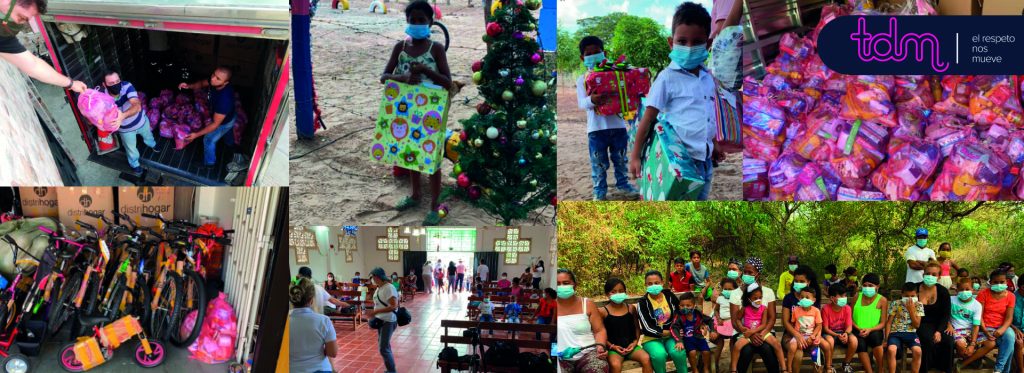 Varias escenas navideñas con personas recibiendo regalos, bicicletas y un árbol de Navidad; logo "tdm" visible.