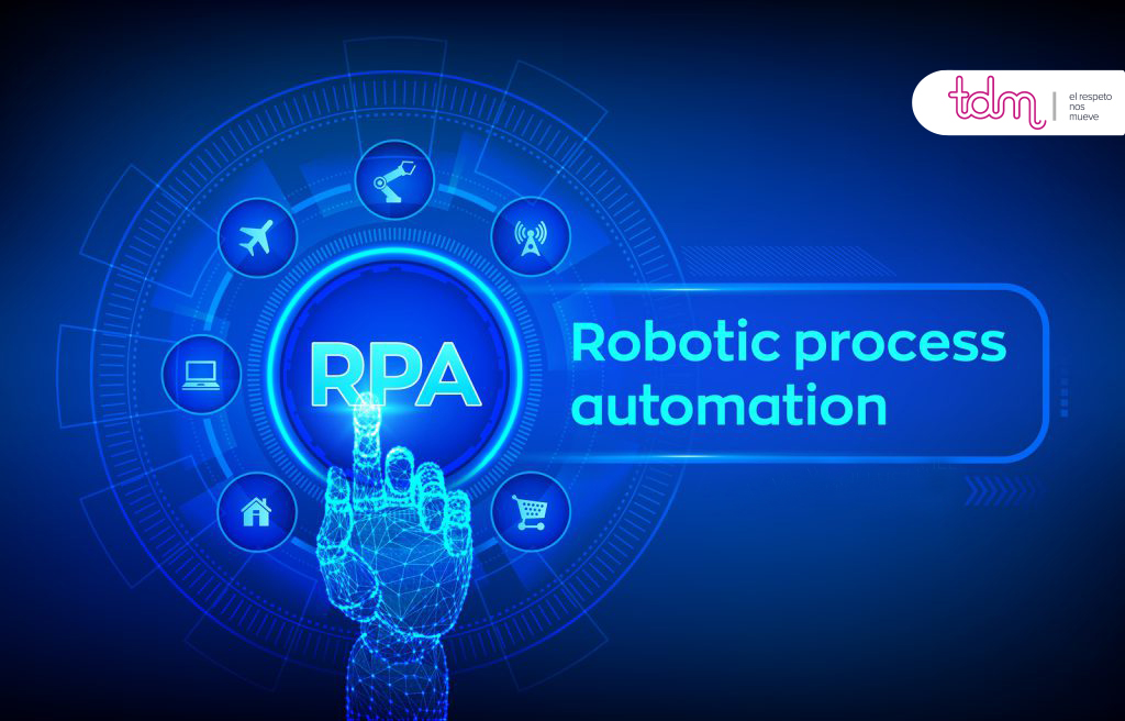 Dedos robóticos tocando un icono que dice "RPA" rodeado de símbolos digitales relacionados con automatización de procesos.