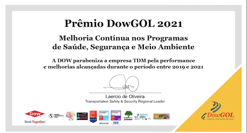 Premio DowGOL 2021 a TDM por mejoras en salud, seguridad y medio ambiente entre 2019 y 2021, con logos empresariales.