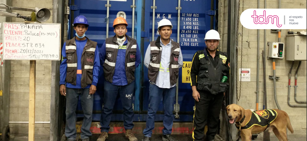 Cuatro hombres con chalecos de seguridad y cascos posan frente a un contenedor azul con un perro en primer plano.