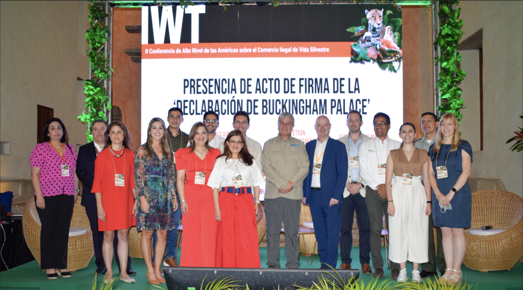 Un grupo de personas posa frente a una pantalla con un anuncio sobre la "Declaración de Buckingham Palace".