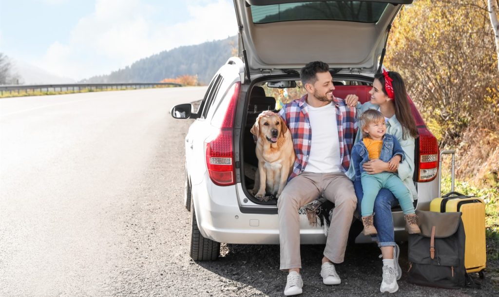 Familia sentada en el maletero de un coche junto a un perro en la carretera, rodeada de equipaje con paisaje montañoso al fondo.