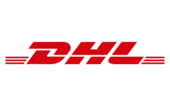 Logo de DHL con letras rojas estilizadas y tres líneas horizontales a cada lado.
