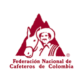 Logotipo de la Federación Nacional de Cafeteros de Colombia, con la figura de un caficultor y una mula sobre un fondo de montaña.