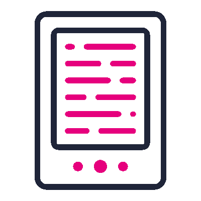 Ícono de un lector electrónico con líneas en rosa simulado texto y tres botones en la parte inferior.