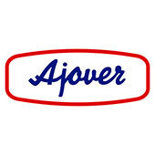 Logotipo de Ajover con texto azul dentro de un óvalo rojo.