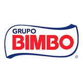 Logotipo del Grupo Bimbo con letras azules y rojas sobre un fondo blanco en forma de bandera ondulante.