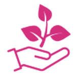Ícono de una mano rosada sosteniendo una hoja con un pincel en el fondo blanco.