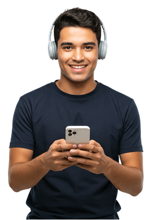 Persona joven con auriculares sonriendo mientras sostiene un teléfono móvil.