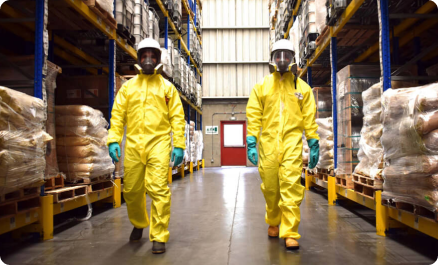 Dos personas con trajes protectores amarillos y cascos caminan por un pasillo de almacén con estanterías llenas de sacos y cajas.