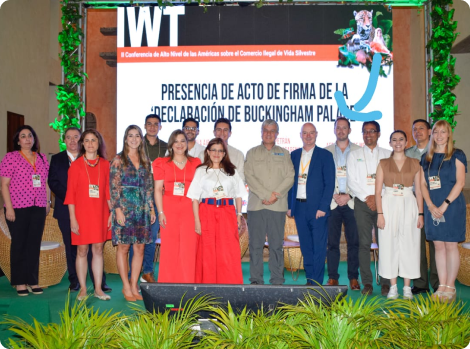 Un grupo de personas posa frente a un cartel que anuncia la firma de la "Declaración de Buckingham Palace".