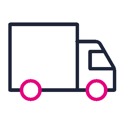 Icono de un camión de reparto con ruedas rosadas.